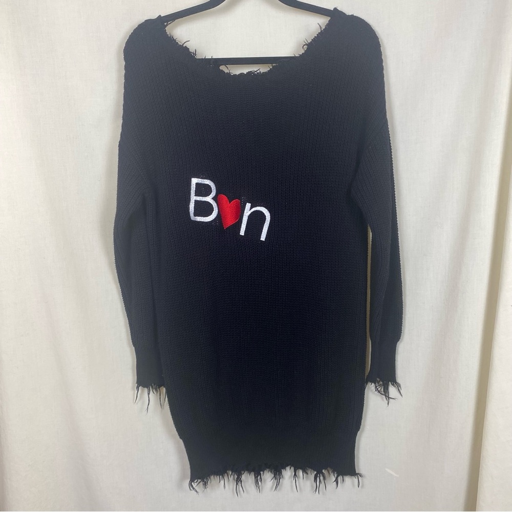 Forever 21 Cotton Black Frayed Sharkbite Sweaterdress Distressed Natural Fibers